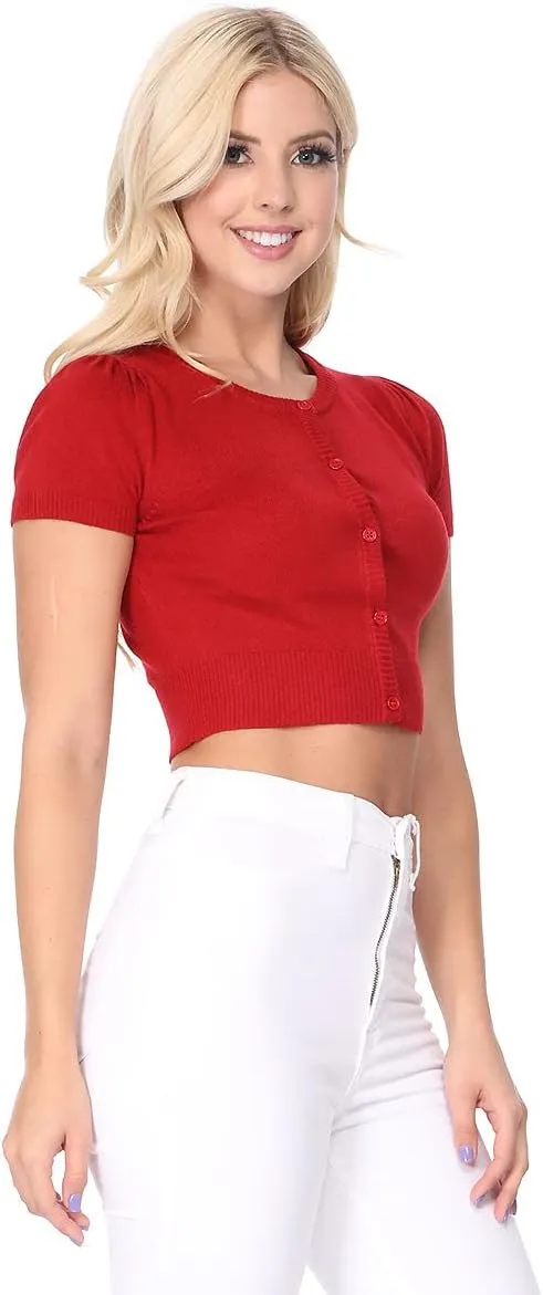 YEMAK Women's Cropped Bolero Cardigan  Short Sleeve Crewneck Basic Classic Casual Button Down Knit Soft Sweater Knitted Top