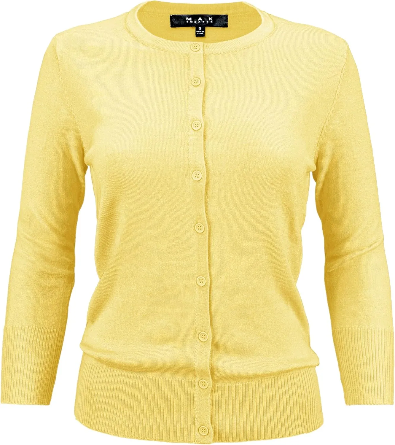 YEMAK Women's Knit Cardigan Sweater  3/4 Sleeve Crewneck Basic Classic Casual Button Down Soft Lightweight Top (S-3XL)
