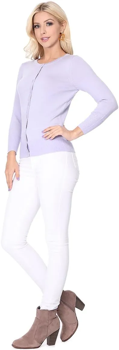 YEMAK Women's Knit Cardigan Sweater  3/4 Sleeve Crewneck Basic Classic Casual Button Down Soft Lightweight Top (S-3XL)