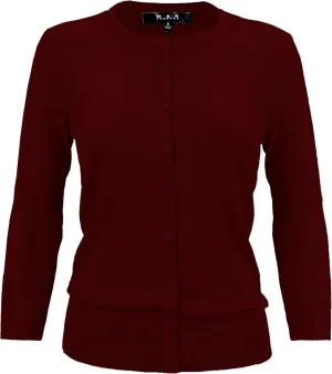YEMAK Women's Knit Cardigan Sweater  3/4 Sleeve Crewneck Basic Classic Casual Button Down Soft Lightweight Top (S-3XL)