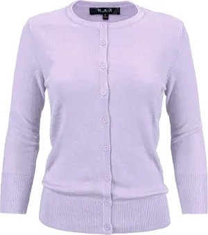 YEMAK Women's Knit Cardigan Sweater  3/4 Sleeve Crewneck Basic Classic Casual Button Down Soft Lightweight Top (S-3XL)