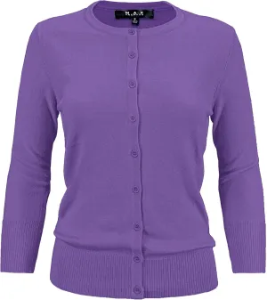 YEMAK Women's Knit Cardigan Sweater  3/4 Sleeve Crewneck Basic Classic Casual Button Down Soft Lightweight Top (S-3XL)