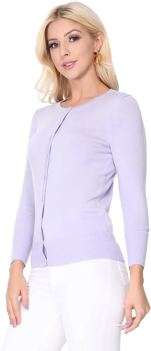 YEMAK Women's Knit Cardigan Sweater  3/4 Sleeve Crewneck Basic Classic Casual Button Down Soft Lightweight Top (S-3XL)