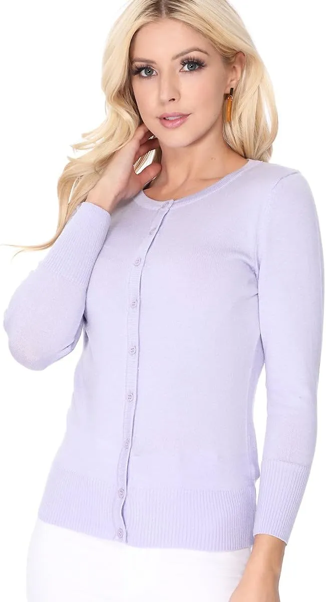 YEMAK Women's Knit Cardigan Sweater  3/4 Sleeve Crewneck Basic Classic Casual Button Down Soft Lightweight Top (S-3XL)