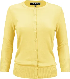 YEMAK Women's Knit Cardigan Sweater  3/4 Sleeve Crewneck Basic Classic Casual Button Down Soft Lightweight Top (S-3XL)