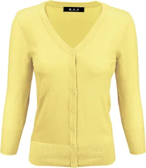 YEMAK Women's Knit Cardigan Sweater  3/4 Sleeve V-Neck Basic Classic Casual Button Down Soft Lightweight Top (S-3XL)
