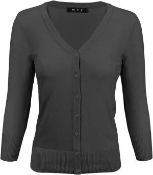 YEMAK Women's Knit Cardigan Sweater  3/4 Sleeve V-Neck Basic Classic Casual Button Down Soft Lightweight Top (S-3XL)