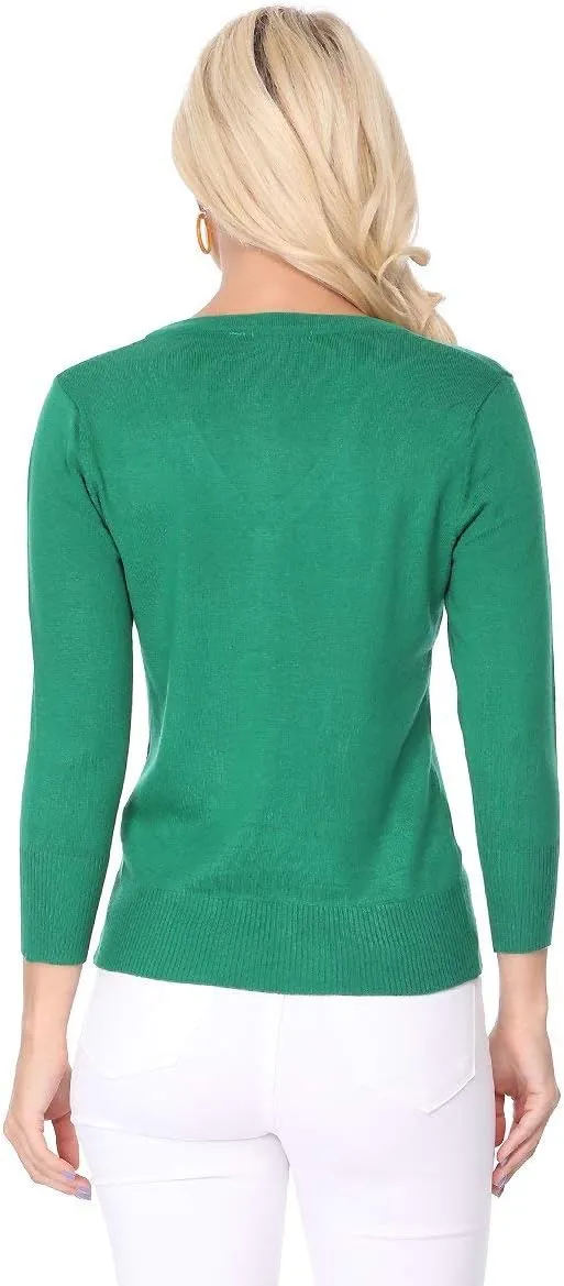 YEMAK Women's Knit Cardigan Sweater  3/4 Sleeve V-Neck Basic Classic Casual Button Down Soft Lightweight Top (S-3XL)