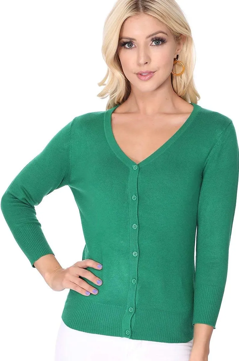 YEMAK Women's Knit Cardigan Sweater  3/4 Sleeve V-Neck Basic Classic Casual Button Down Soft Lightweight Top (S-3XL)