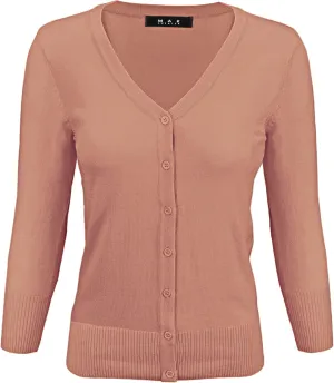 YEMAK Women's Knit Cardigan Sweater  3/4 Sleeve V-Neck Basic Classic Casual Button Down Soft Lightweight Top (S-3XL)