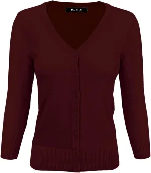 YEMAK Women's Knit Cardigan Sweater  3/4 Sleeve V-Neck Basic Classic Casual Button Down Soft Lightweight Top (S-3XL)