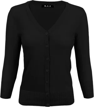 YEMAK Women's Knit Cardigan Sweater  3/4 Sleeve V-Neck Basic Classic Casual Button Down Soft Lightweight Top (S-3XL)