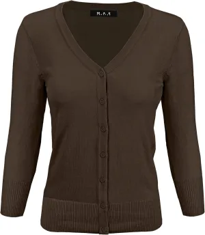 YEMAK Women's Knit Cardigan Sweater  3/4 Sleeve V-Neck Basic Classic Casual Button Down Soft Lightweight Top (S-3XL)