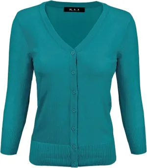 YEMAK Women's Knit Cardigan Sweater  3/4 Sleeve V-Neck Basic Classic Casual Button Down Soft Lightweight Top (S-3XL)