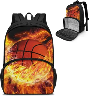 Yzaoxia Fire Basketball Backpack Meal Bag for Kids Boys Comfortable Insulated Cooler Backpack Leak-proof 17 Inch Book Bags Cooler Bag