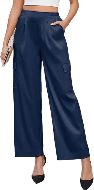 ZAFUL Womens Satin Pants Wide Leg High Waisted Cargo Pants Silky Dressy Casual Party Slack Trousers, Navy, S