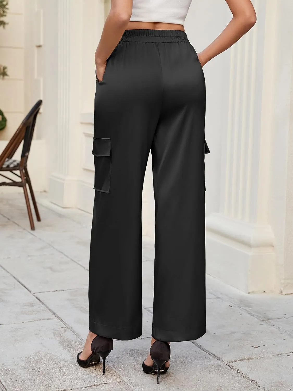 ZAFUL Womens Satin Pants Wide Leg High Waisted Cargo Pants Silky Dressy Casual Slack Trousers