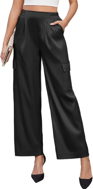 ZAFUL Womens Satin Pants Wide Leg High Waisted Cargo Pants Silky Dressy Casual Slack Trousers