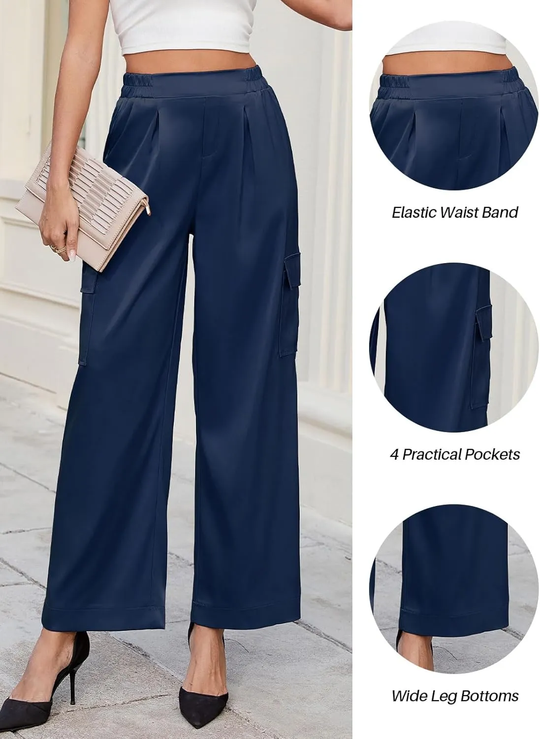 ZAFUL Womens Satin Pants Wide Leg High Waisted Cargo Pants Silky Dressy Casual Slack Trousers
