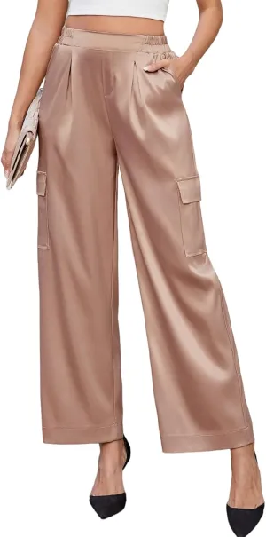 ZAFUL Womens Satin Pants Wide Leg High Waisted Cargo Pants Silky Dressy Casual Slack Trousers