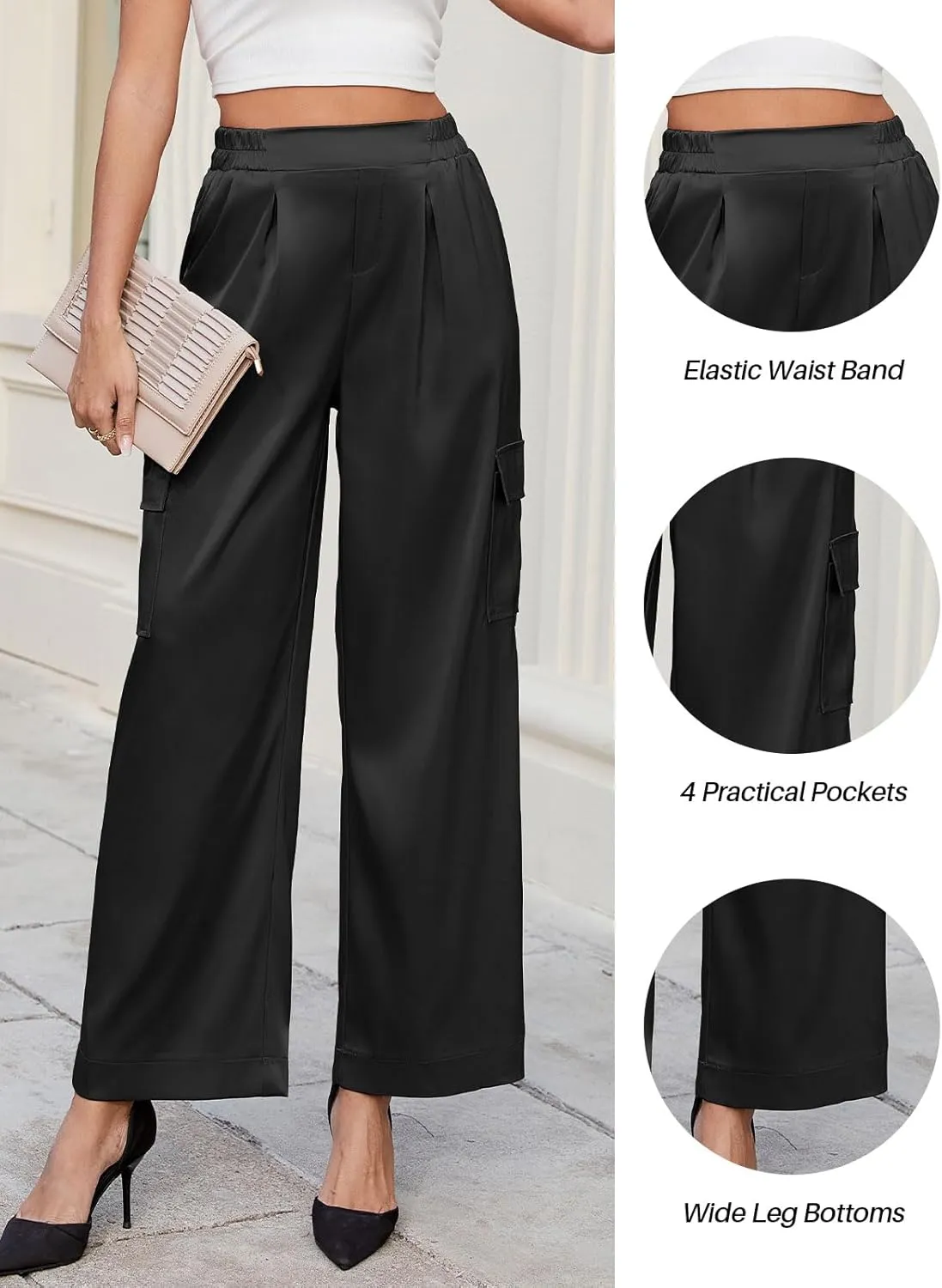 ZAFUL Womens Satin Pants Wide Leg High Waisted Cargo Pants Silky Dressy Casual Slack Trousers