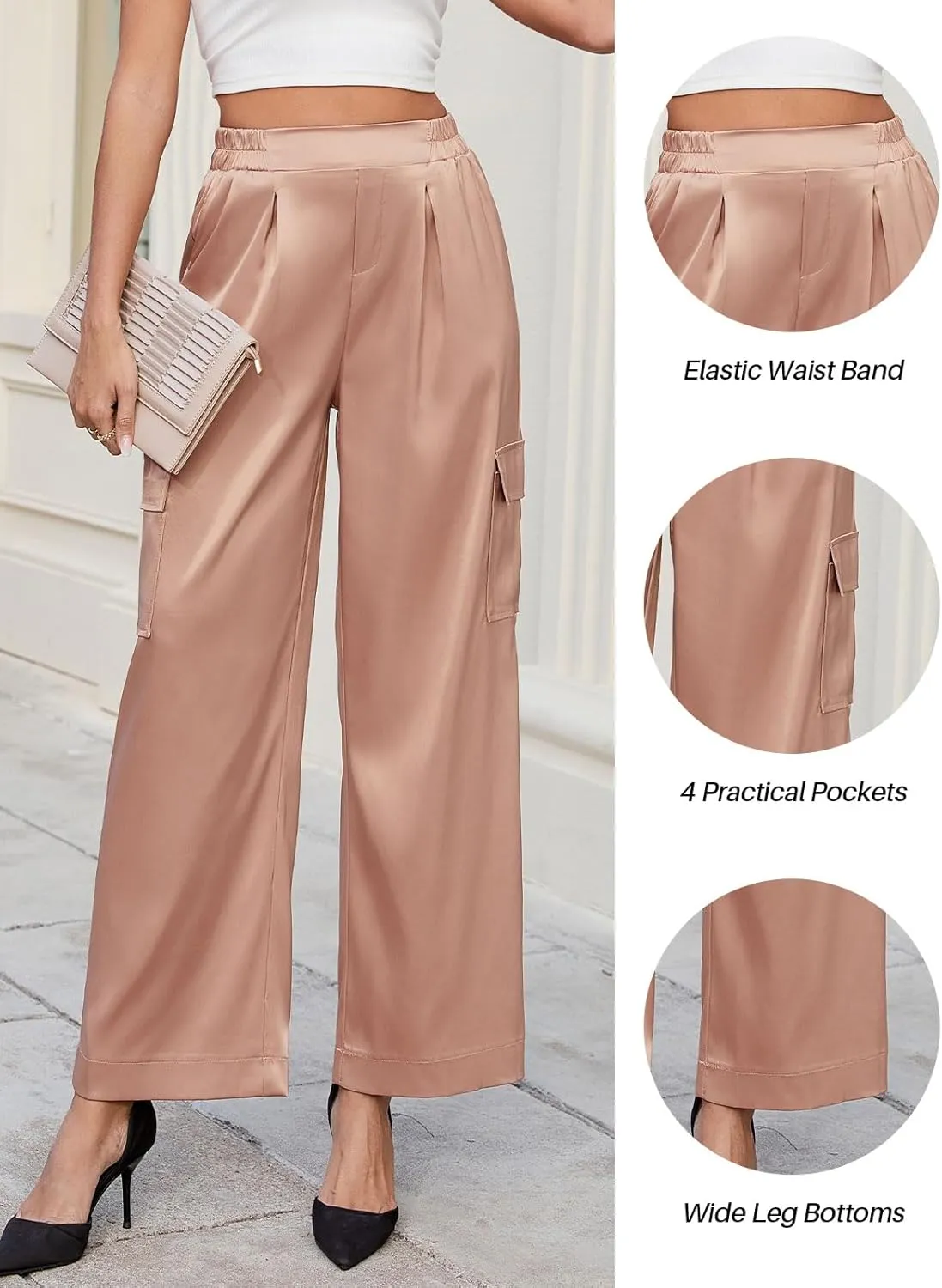 ZAFUL Womens Satin Pants Wide Leg High Waisted Cargo Pants Silky Dressy Casual Slack Trousers