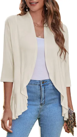 Zeagoo Women's Open Front Cardigan 3/4 Sleeve Draped Ruffles Soft Knit Sweaters S-3XL