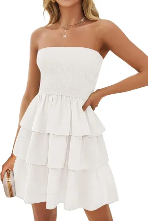 ZESICA Women's Summer Strapless Smocked Tube Dress 2025 Off Shoulder Ruffle Tiered Flowy Beach Boho Mini Sundress