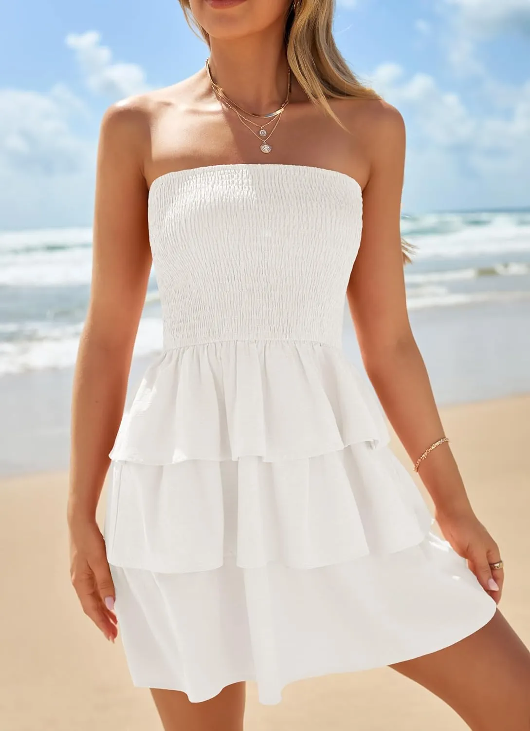 ZESICA Women's Summer Strapless Smocked Tube Dress 2025 Off Shoulder Ruffle Tiered Flowy Beach Boho Mini Sundress